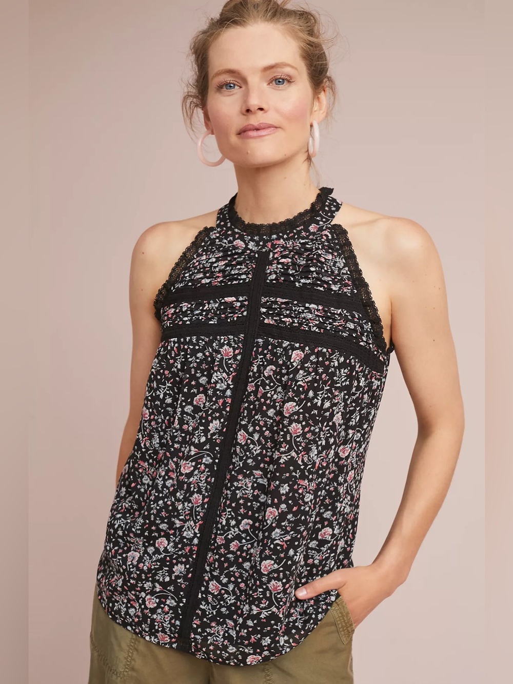 Anthropologie Maeve Black Floral Lace Trim Halter Blouse Top Small